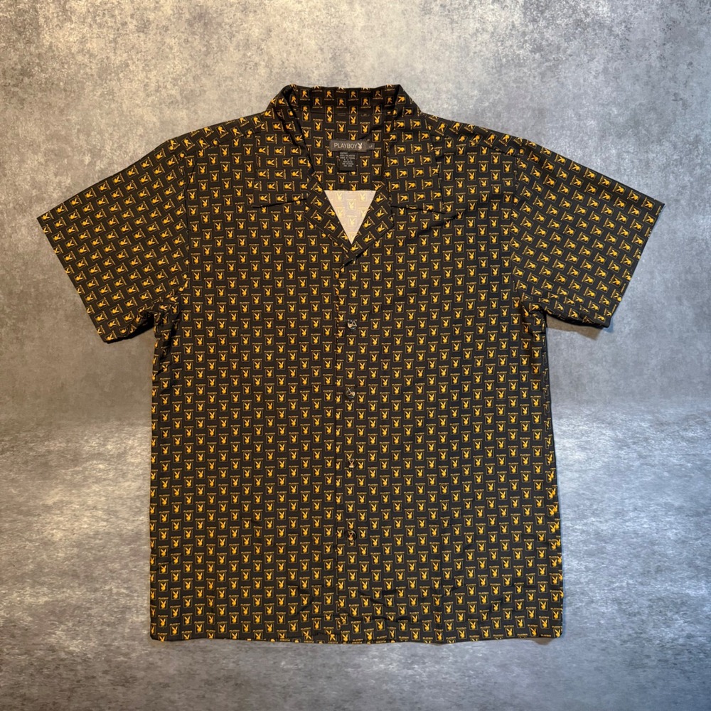 Ultra Rare VTG Playboy Mens Large Black Gold All Over Print‎ Bunny Logo Shirt